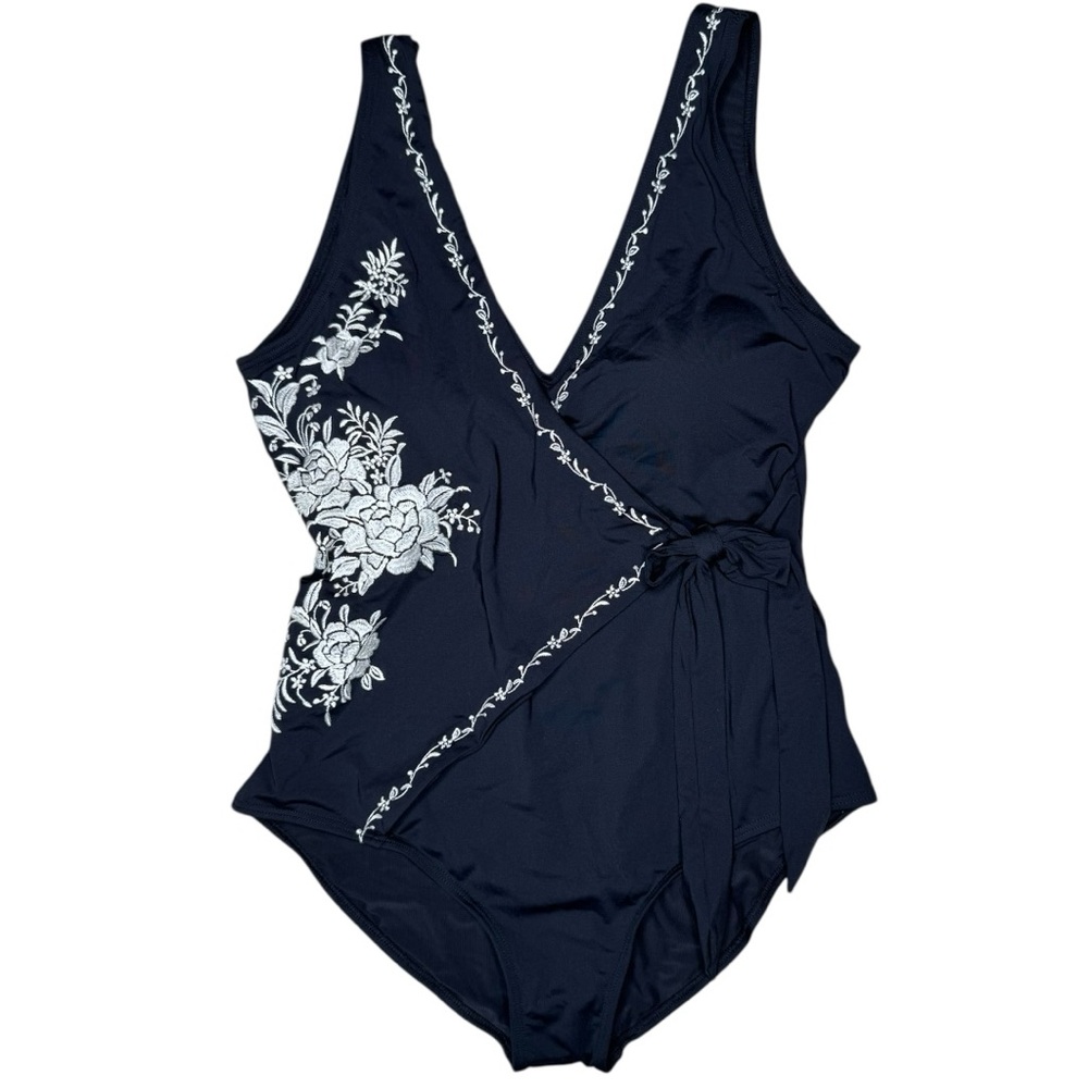 Sundance South Pacific Embroidered Wrap Swimsuit L V-neck Tie Waist Black NWOT